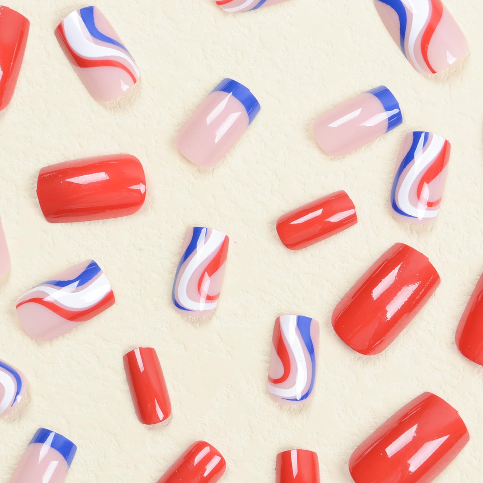 4th of July Press on Nails Short Square Fake Nails French Tip False Nails Red…
