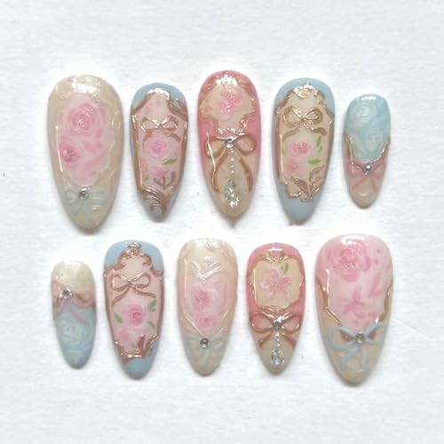 24Pcs Almond Press on Nails Heart Flowers Fake Nails with Heart Flowers Style 7