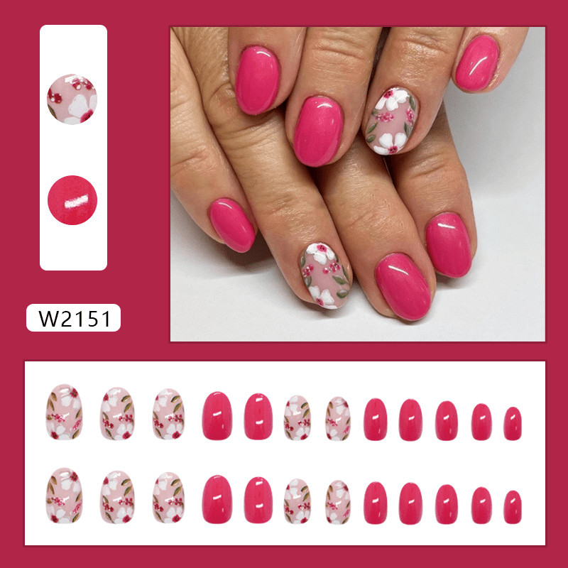 48Pcs-Short Oval Hot Pink Solid Hand Painted Floral Press on Nails Set