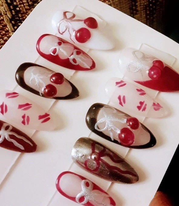 Cherry Theme 3D Press-On Nails Full Cover Long Almond Red/White/Black/Silver