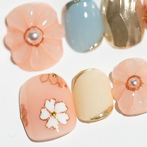 Handmade Press-Onhort Round with Blue Pink Color Flower Design Charm #100 S