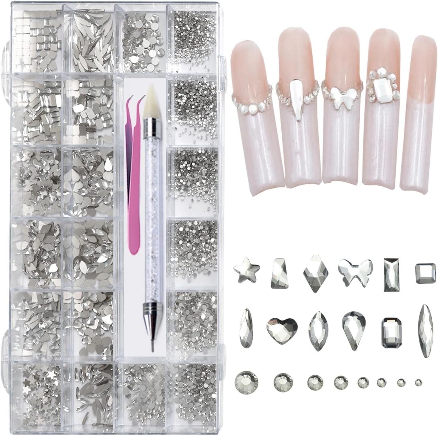 6080pc Sliver Nail Art Rhinestones w/ Multi Shapes 3D Flatback Crystals Diamond