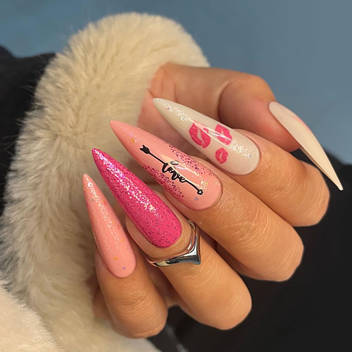 Pink Stiletto Press on Nails Extra Long Fake Nails With Designs Valentines Da…