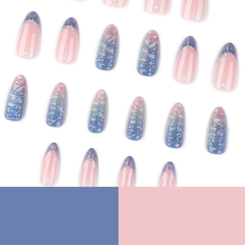 Salon Quality French Blue Fish Scale Press On Nail Almond Shape Easy To Apply
