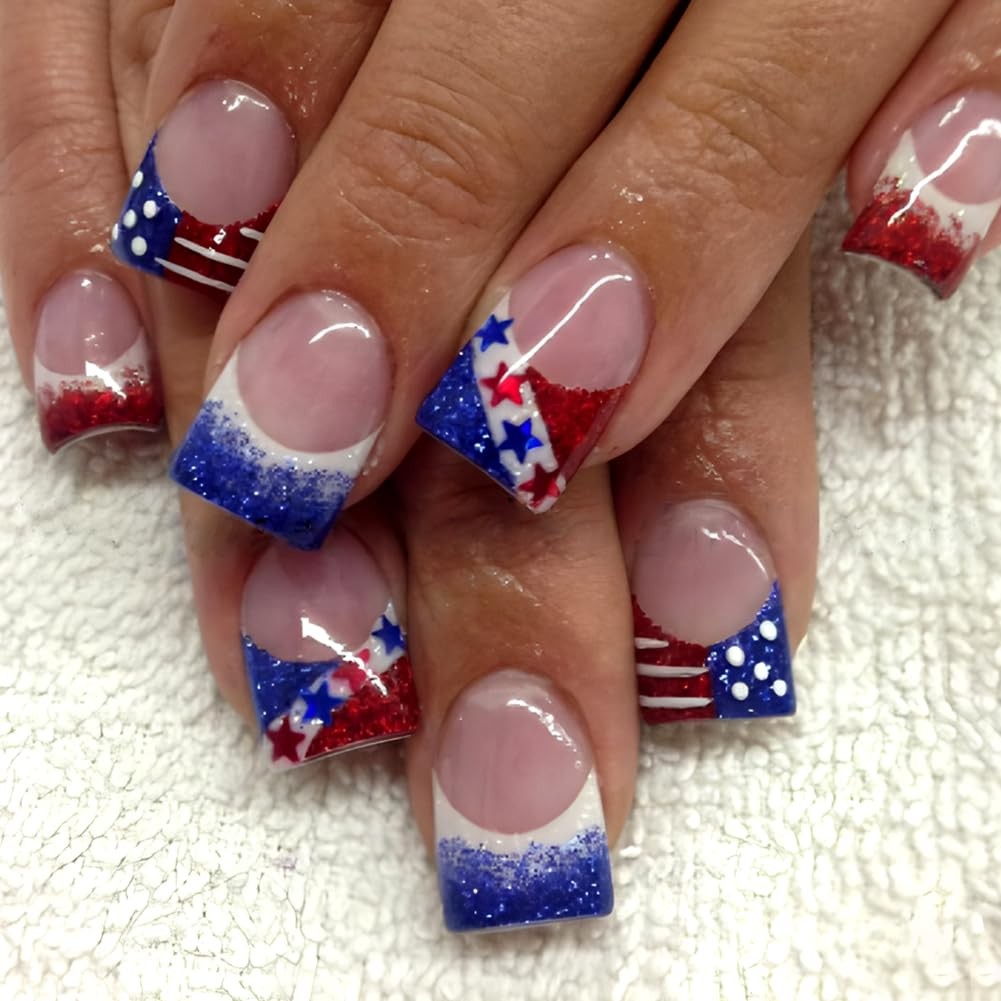 4th of July Nails – Medium Square Press On Nails with Stars, Stripe, Glitter …
