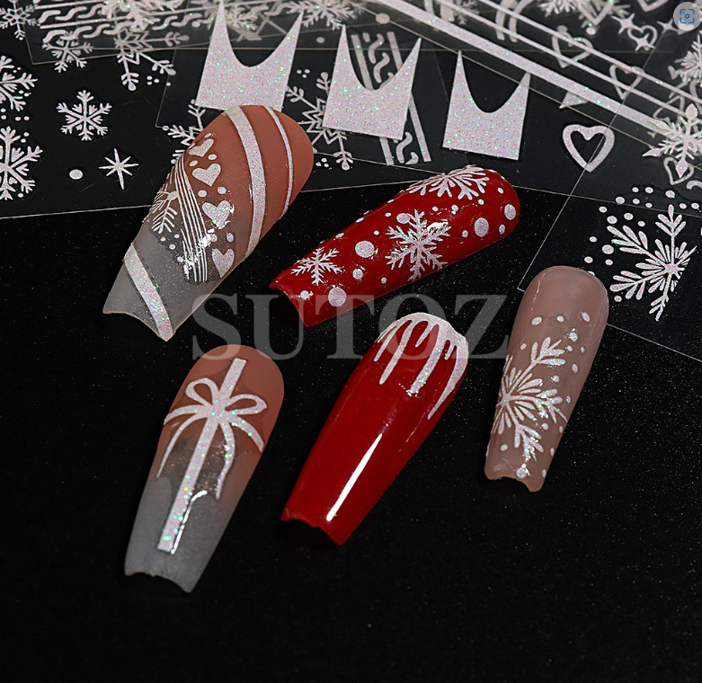 Christmas WHITE Glitter Snowflakes French Nail Art Stickers Decals Transfer NS44