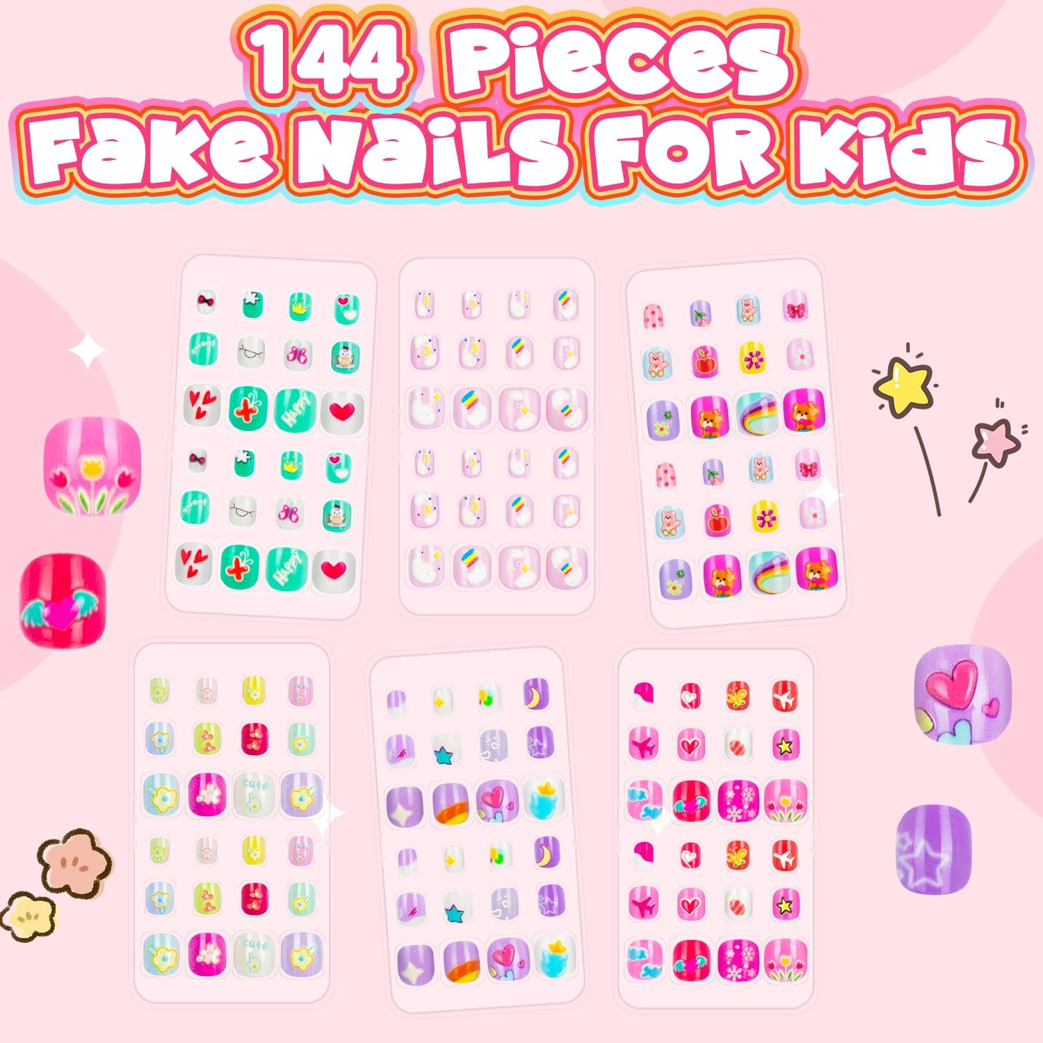 144 Pieces 6 Pack Kids Press on Nails Artificial Fake Nails for Kids Girls Pr…