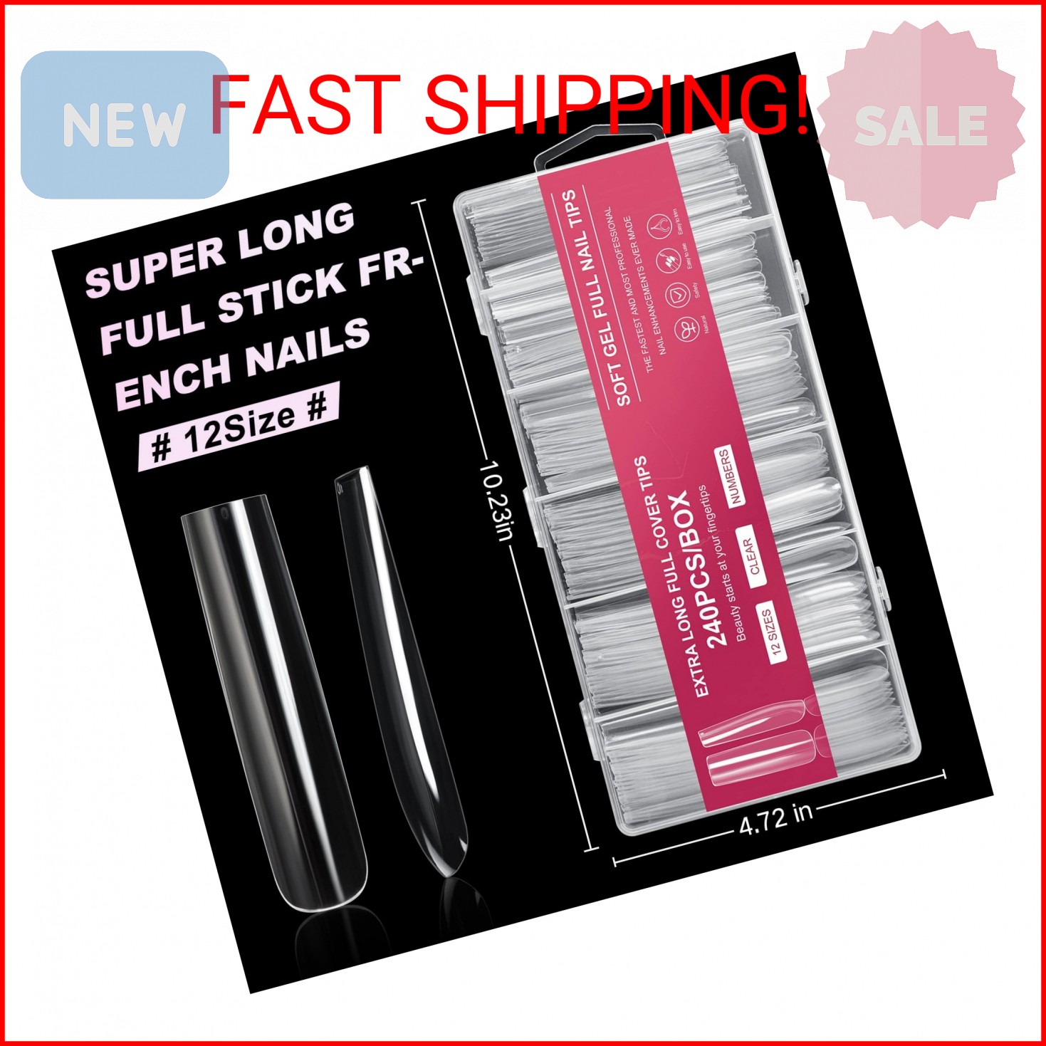 AORAEM Extra Long Square Full Cover Nail Tips 240PCS XXXL Clear Full Cover Fake