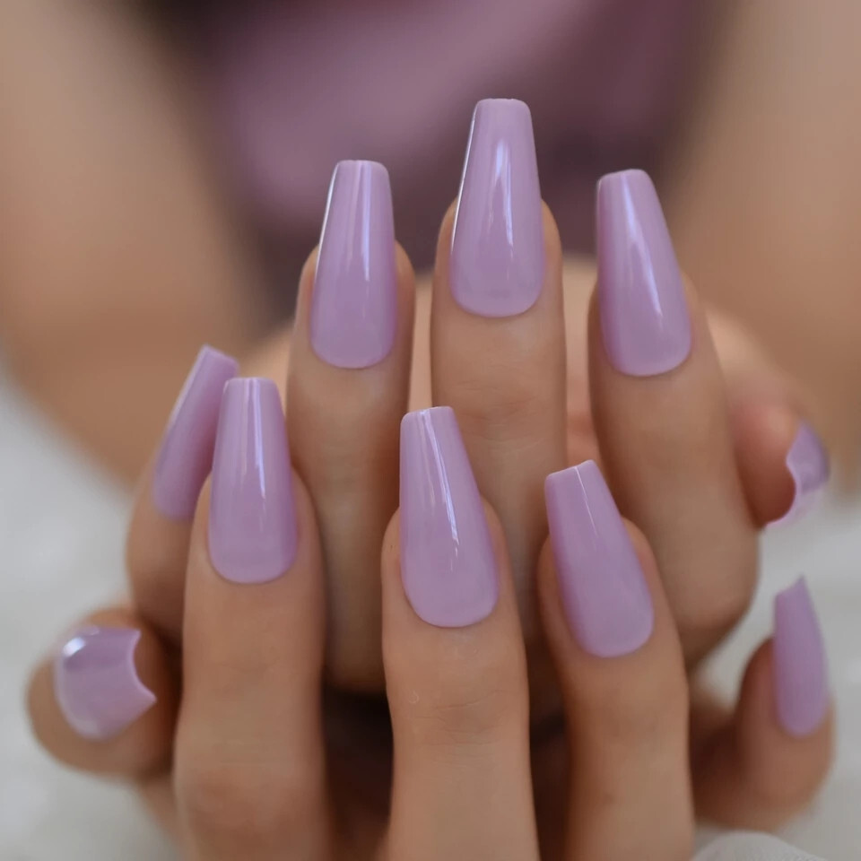 24 Press on nails kit w glue Long coffin lavender purple