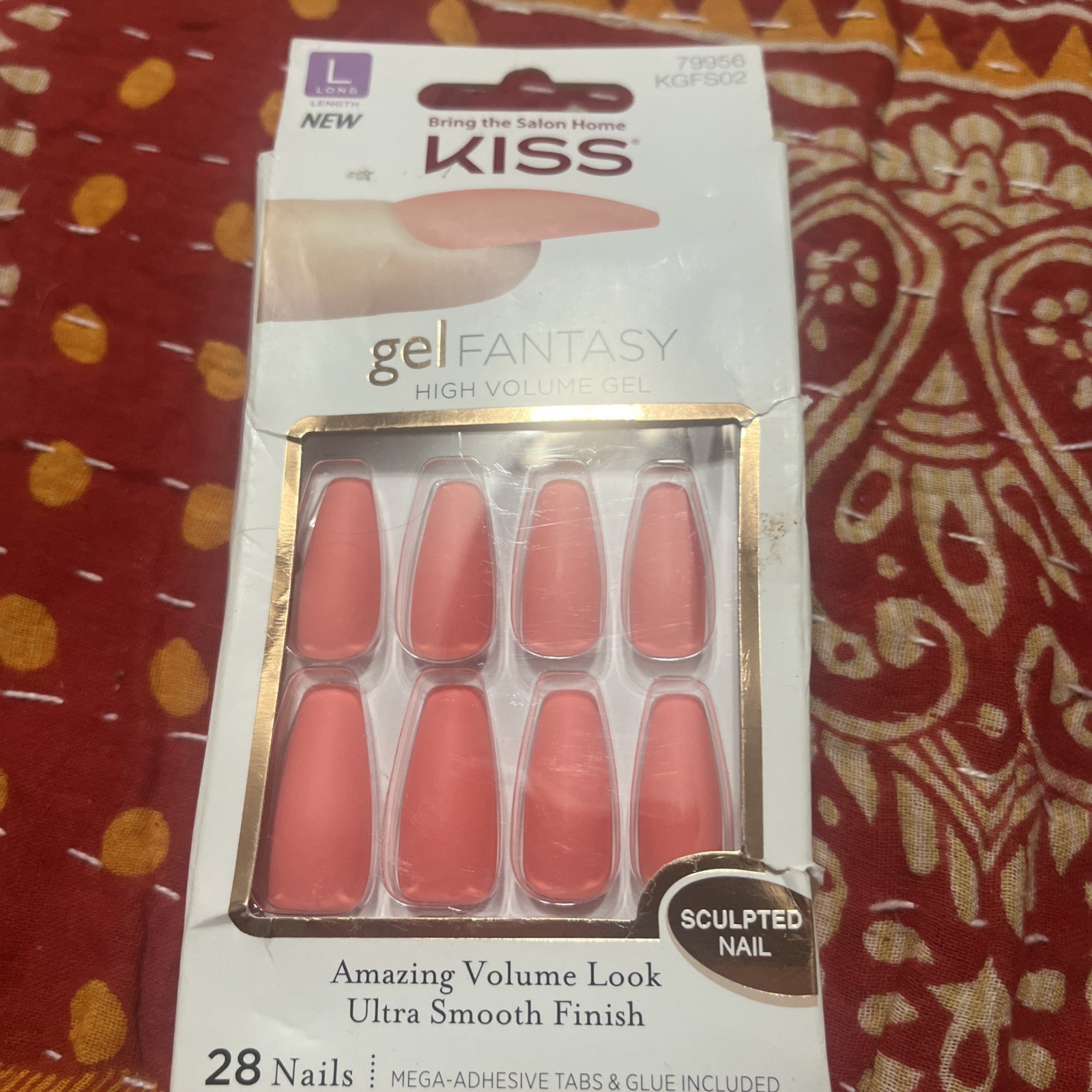 KISS Gel Fantasy NAILS GLUE ON Matte Fresh Coral LONG LENGTH 79956