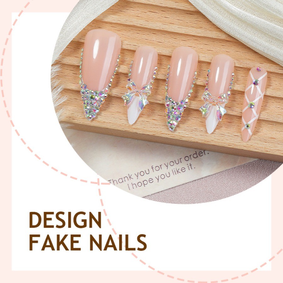 48pcs-Press on Nails Nude Almond 3D Crystal Bow Rhinestone Accents Bridal Design
