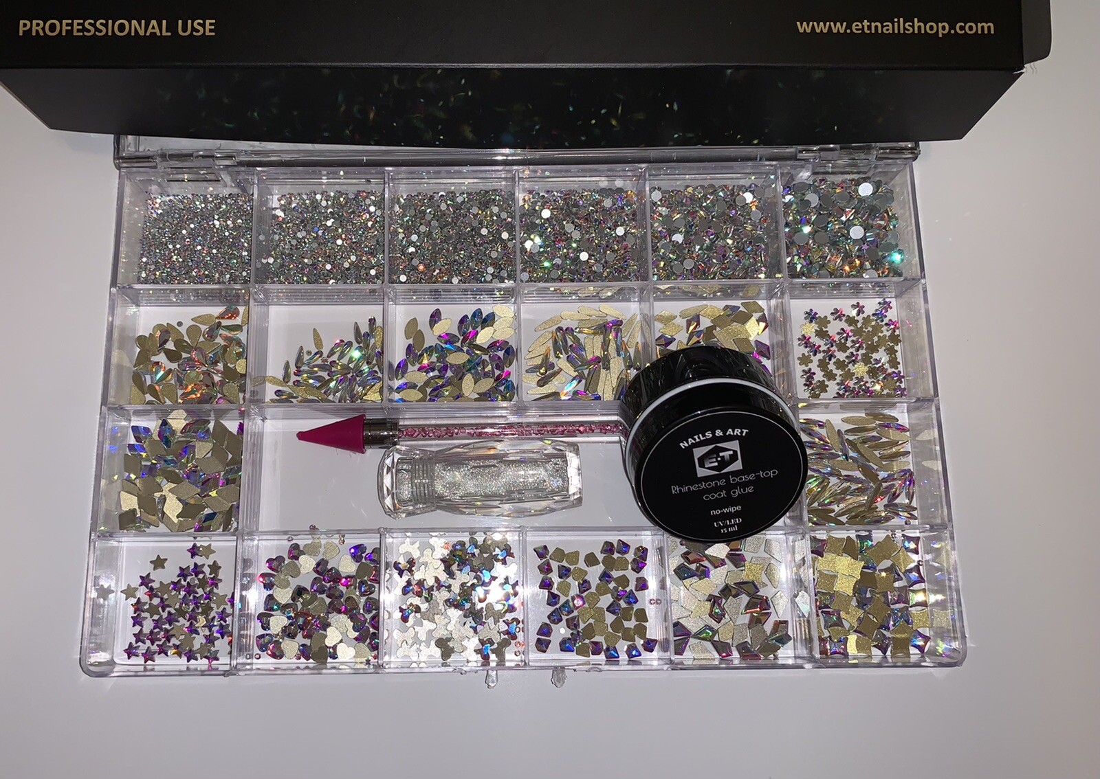 BIG HIGH QUALITY RHINESTONE BOX KIT, SUPER SHINE, 21 GRID BOX & GEL GLUE