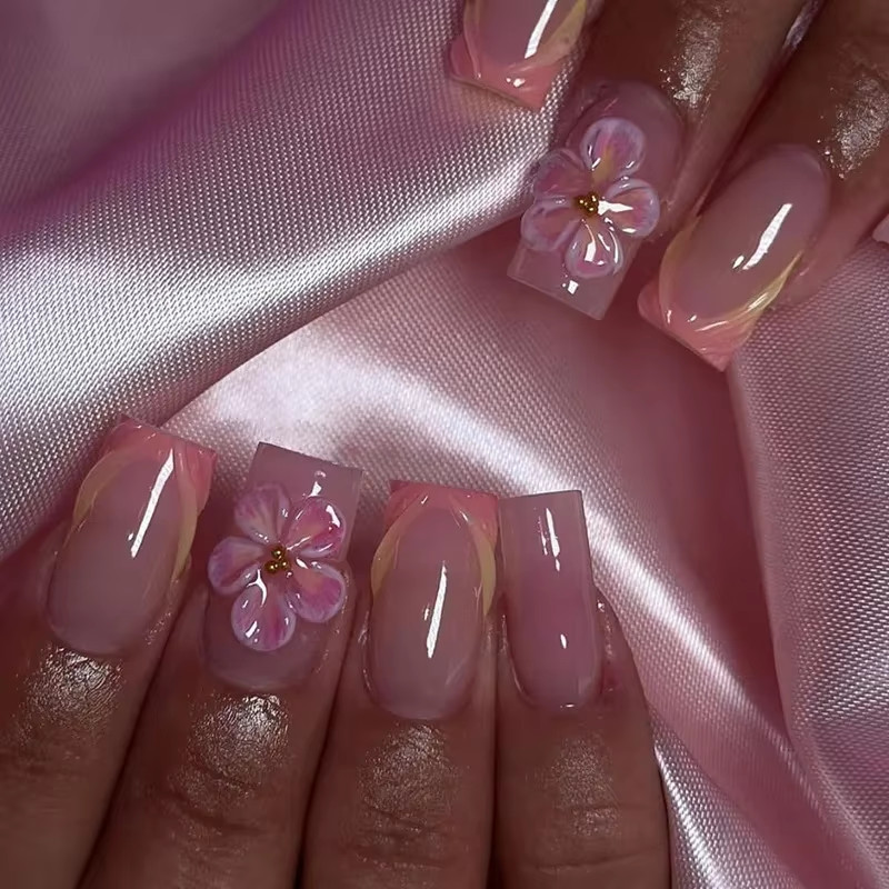 24Pcs Long French Fake Nails with Glue Ballet False Nails Butterfly Rhinestone D