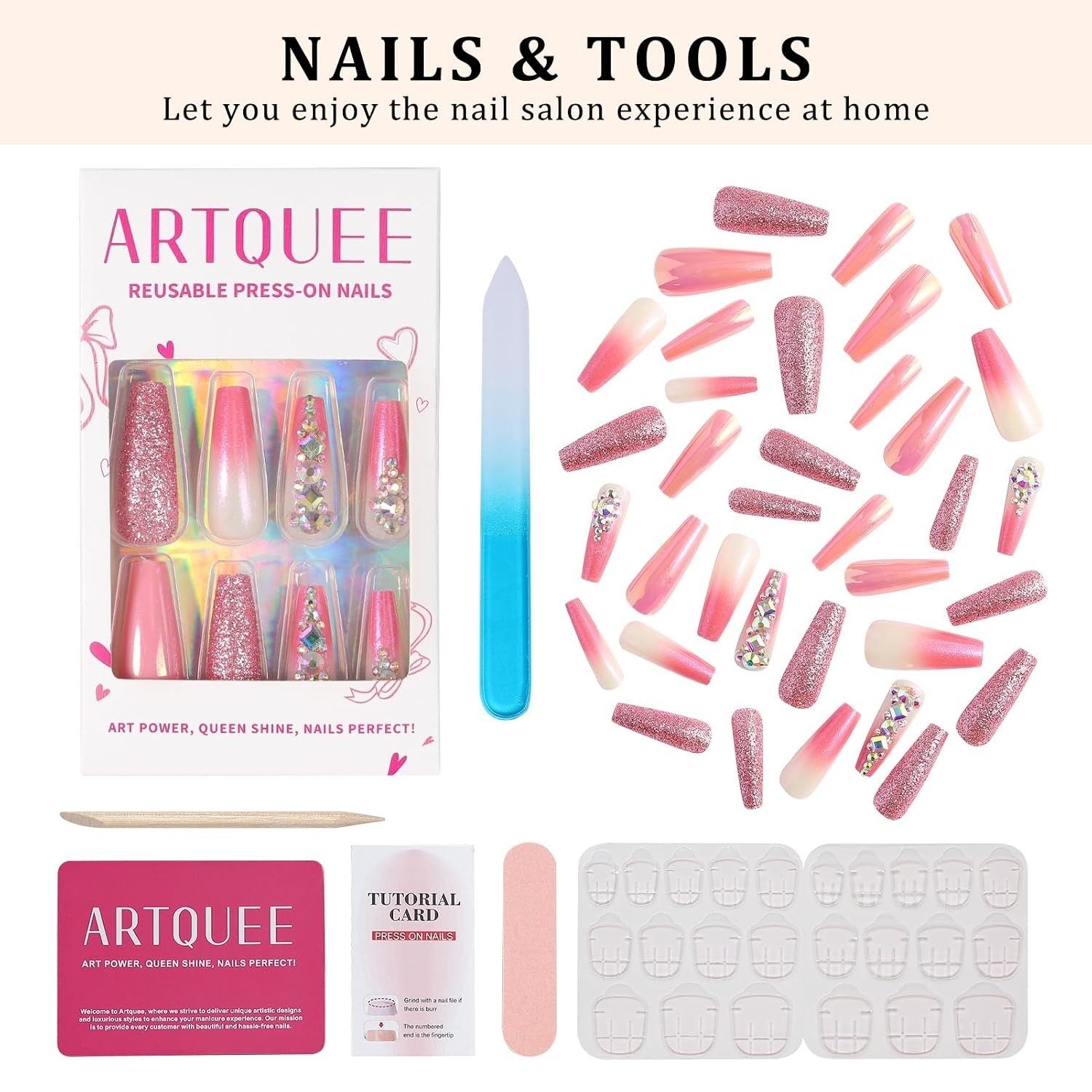 36pcs Easy to Apply Pink Ombre Press-On Nails with 3D Gems – Perfect for Parties