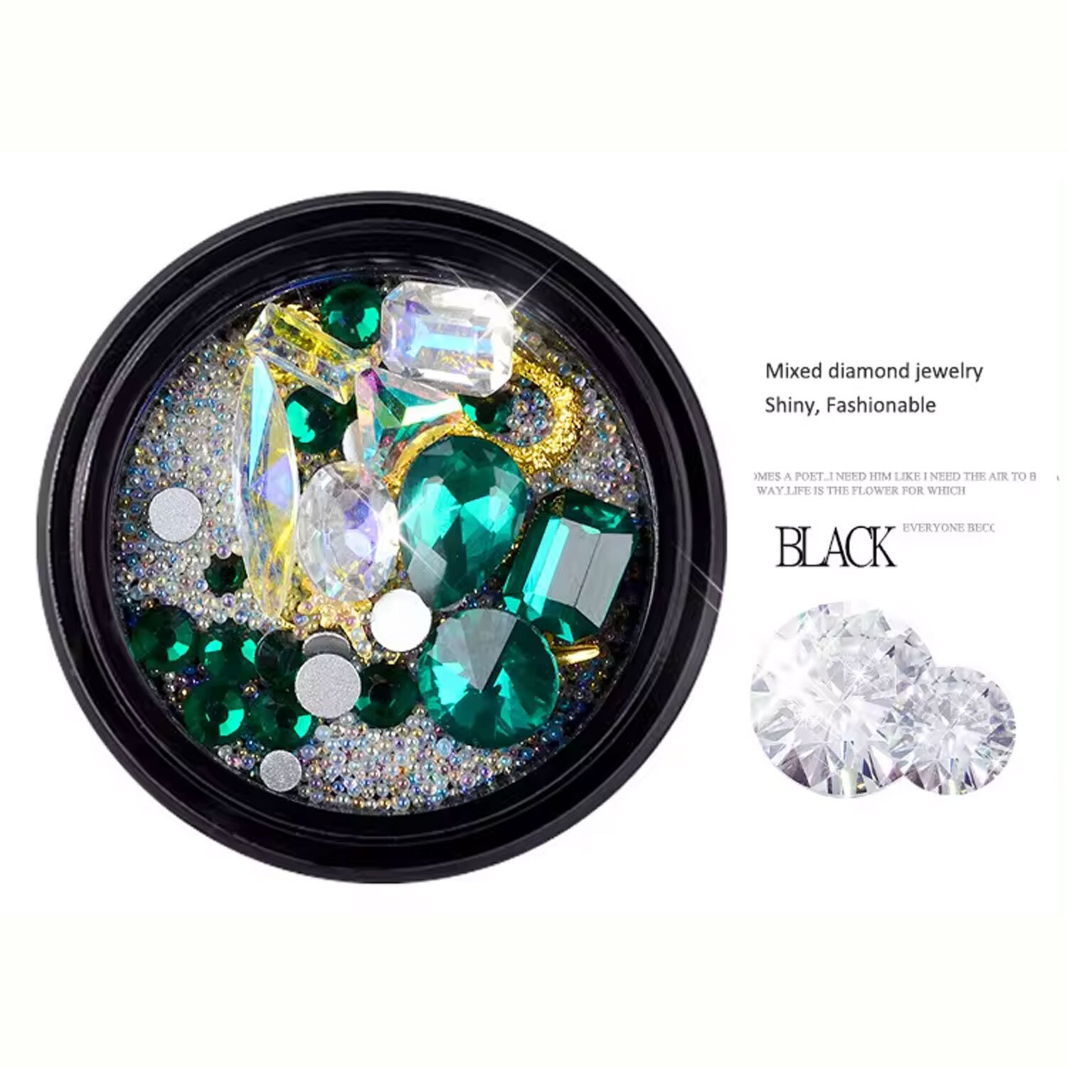 Rhinestones 3D Nail Art Decorations Jewelry Sparkle Beads + 72 PC Clear Gel Nail