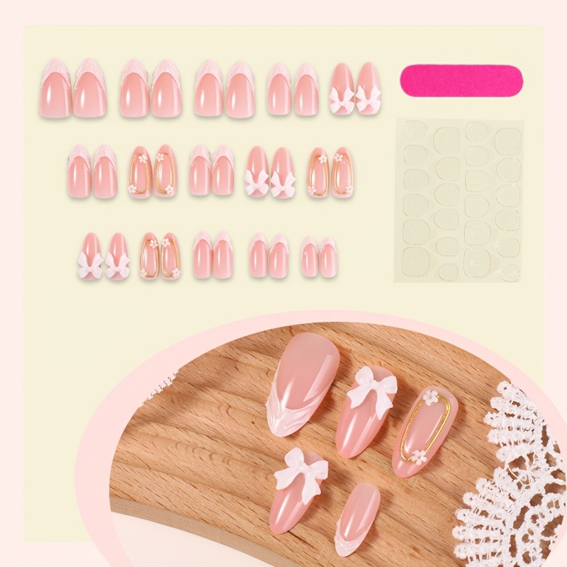 30Pcs-Long Almond Nude White Wavy French Gold Line 3D Bow Flower Press on Nails