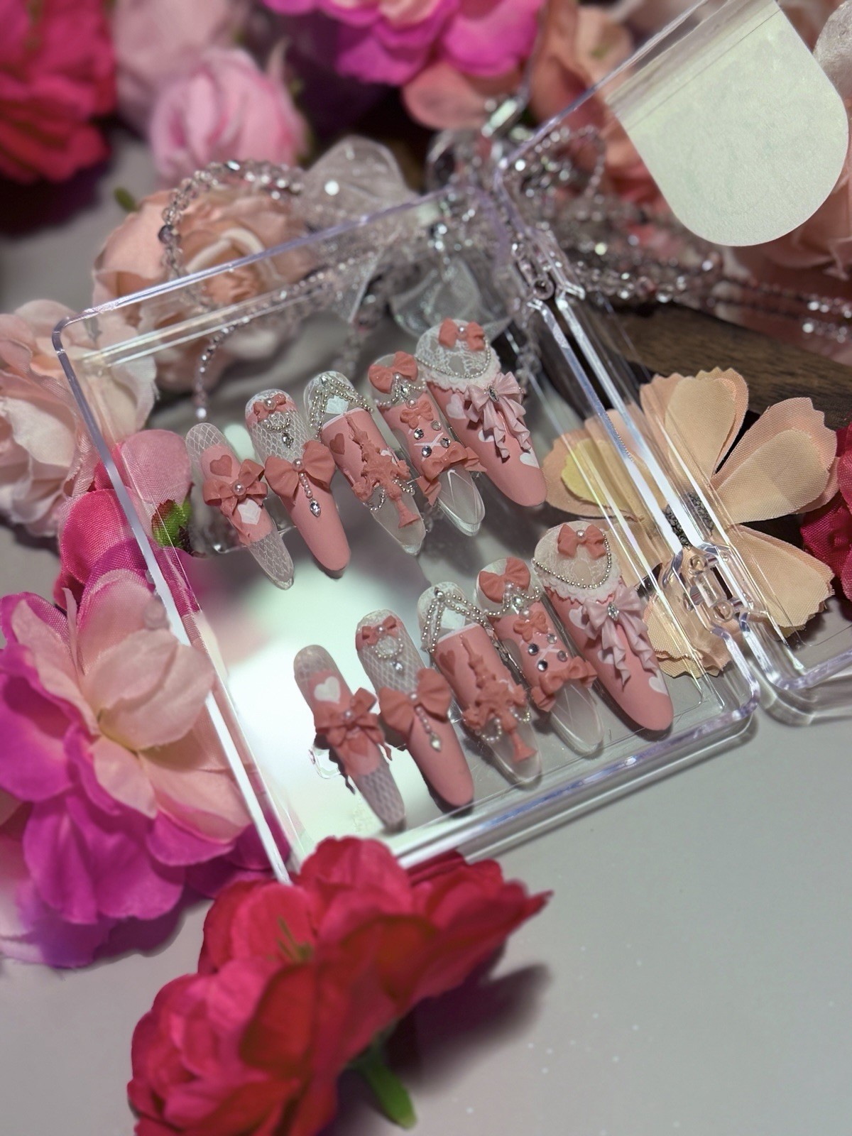 Pink Princess Bow Lace Flower Matte Finish Press On Nails Long Y05 With Pearl