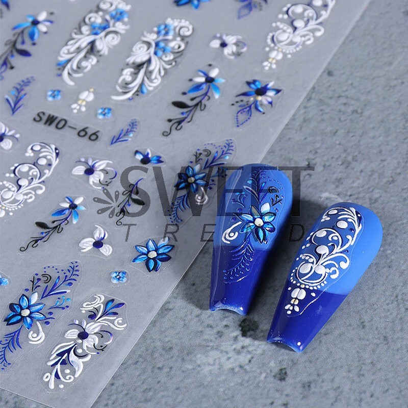 Blue Lace Floral Flowers Nail Art Stickers Embossed Decals DIY Nail Design NS52