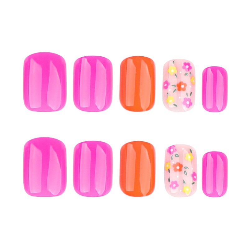 48pcs-Summer Floral Press on Nails, Short Round Glossy Pink Orange Fake Nails