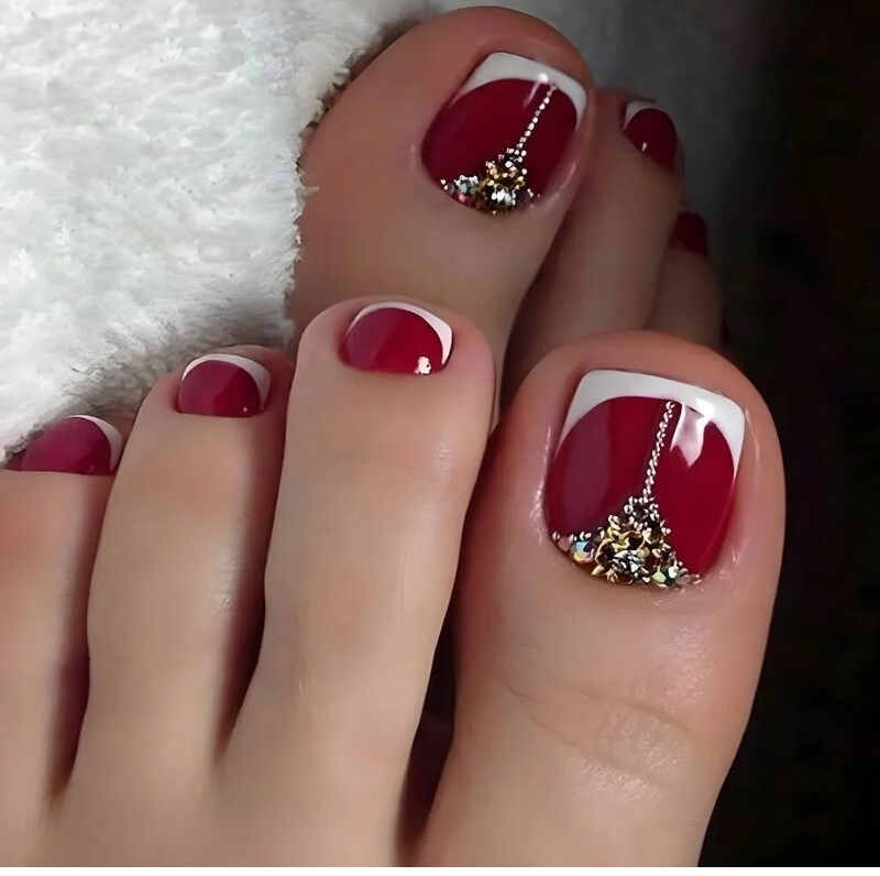 New Press On Toe Nails 24pc Set French Tips Dark Red And Rhinestones On Box