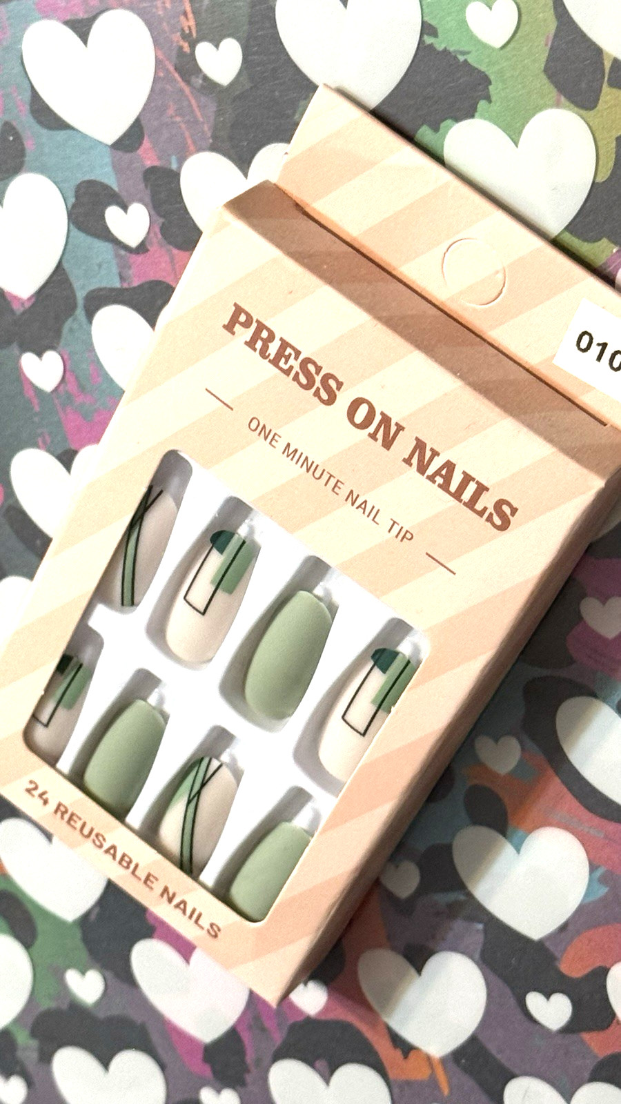 Press On Nails One Minute Nail Tip NUDE & SAGE GREEN with ABSTRACT 24 Long Oval