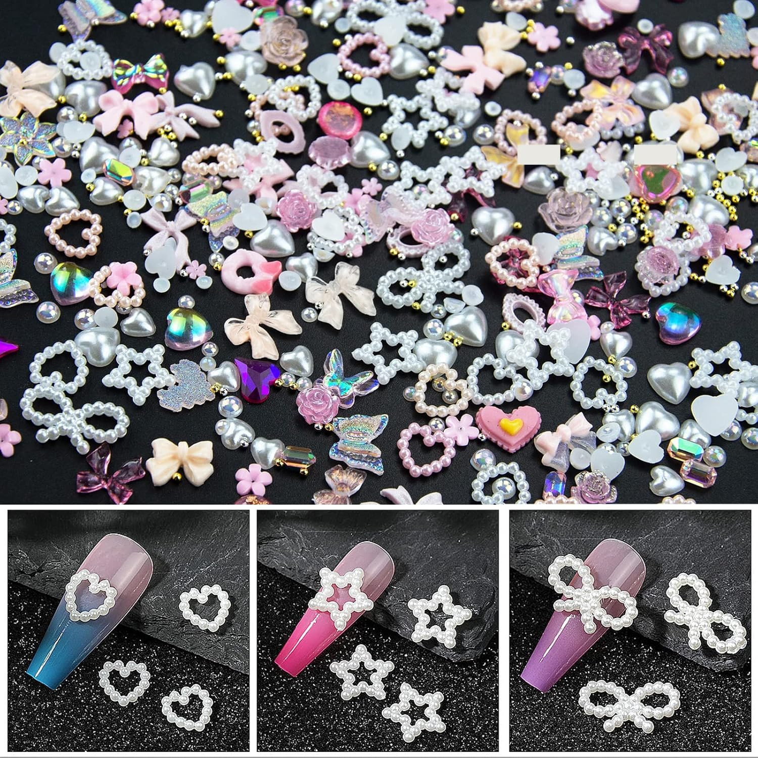 500 Pcs Assorted Pearls 3D Nail Charms Pink Color Multi Shapes Heart Flower Nail
