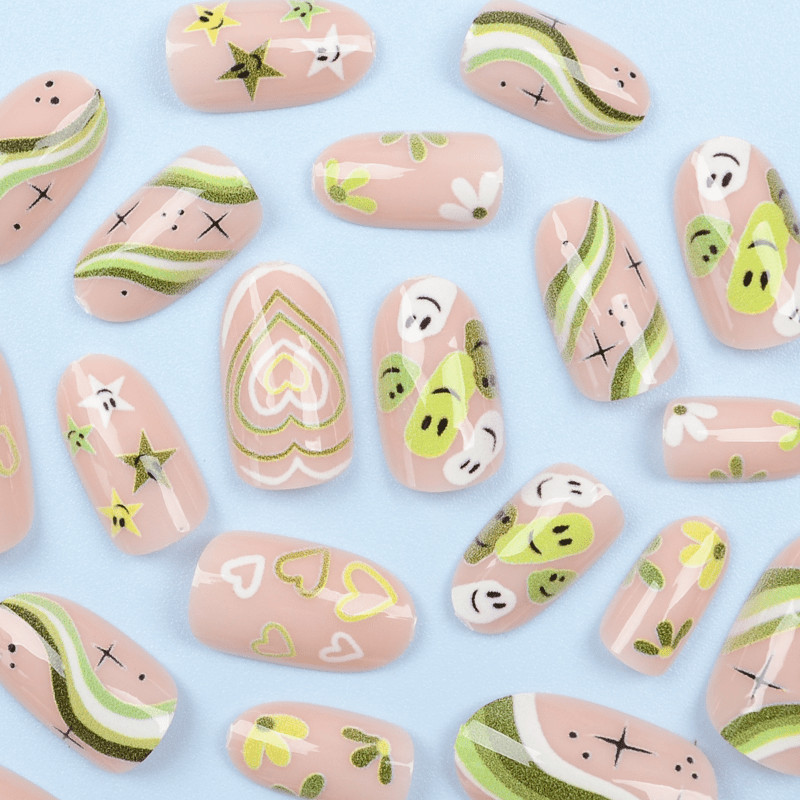 48Pcs-Long Almond Nude Green Swirl Heart Star Smiley Face Press on Nails Set