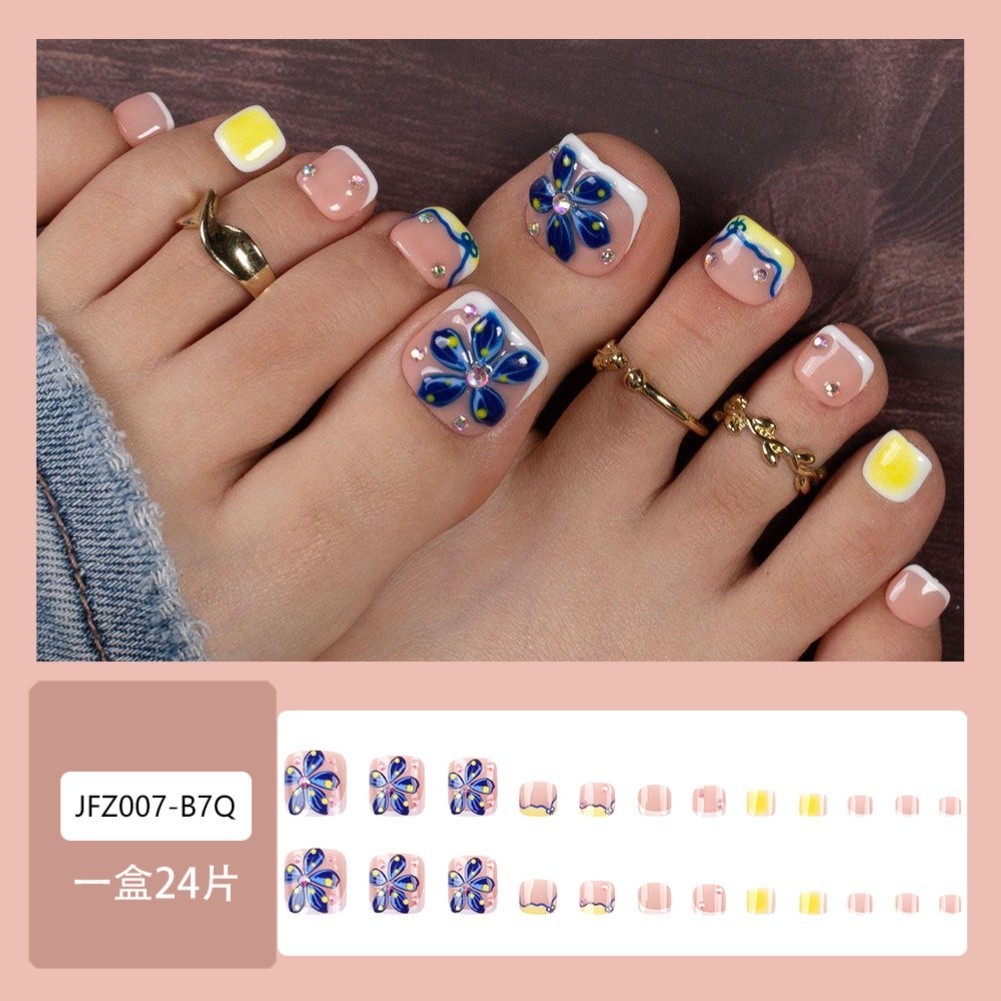 Blue 3D Floral False Toe Nails 24PCS Wearable Tips for For french Style Use
