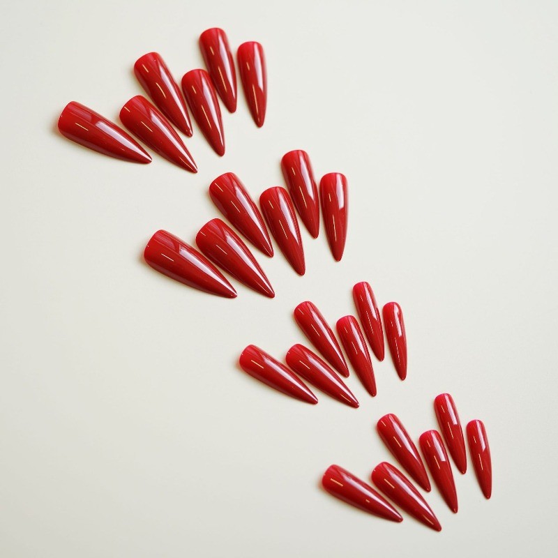 48Pcs-Bright Red Gloss Press on Nails Extra Long Stiletto Solid Color Manicure