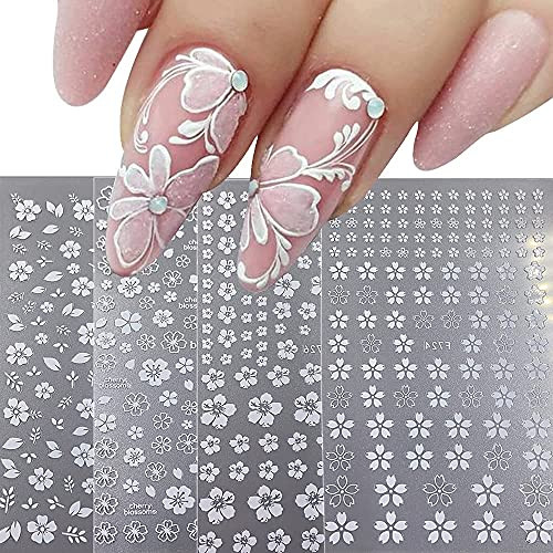 Flower Nail Stickers,3D White Cherry Blossoms Nail Decals Nail Art Supplies