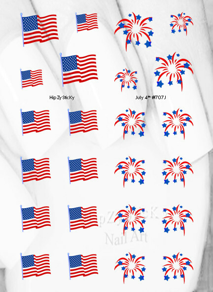 Nail Art J707 July 4th Wavy Flag Fireworks Stars Waterslide Nail Decal Transfers