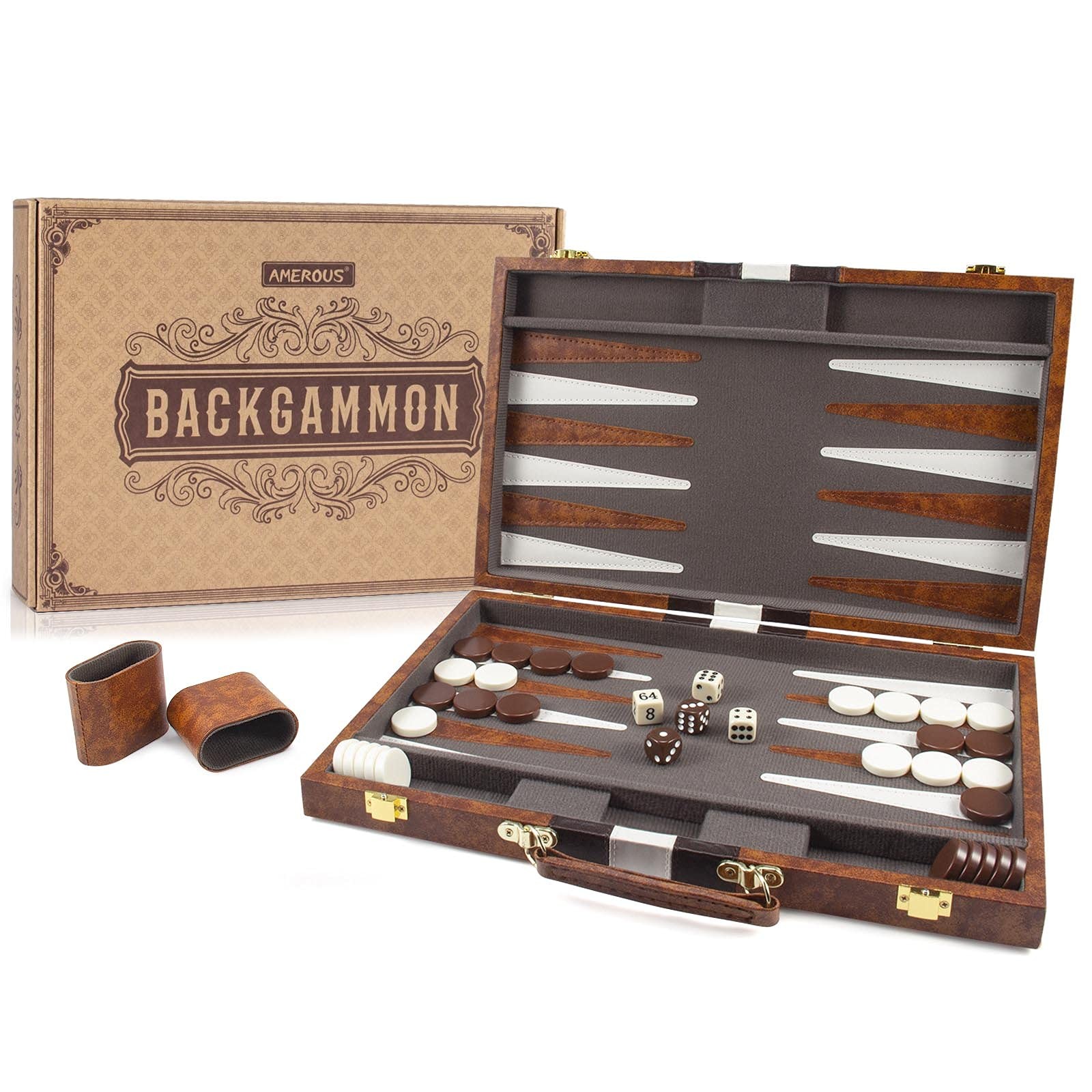 AMEROUS Backgammon Set, 15 Inches Classic Board Game with Medium, Brown