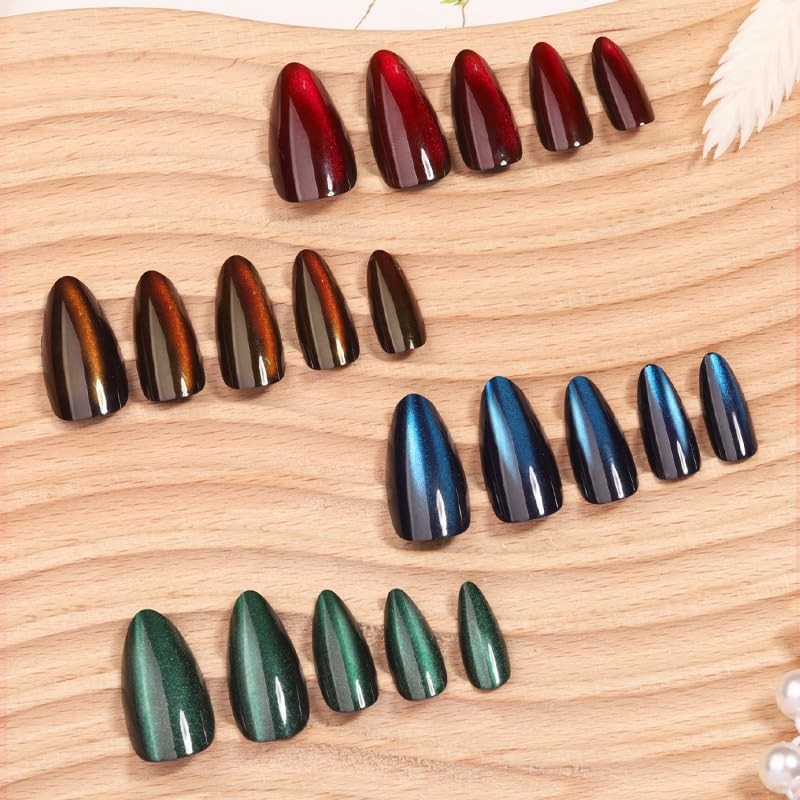 4Packs 96Pcs Cat Eye Press on Nails Medium Almond Fake Medium, Style 9