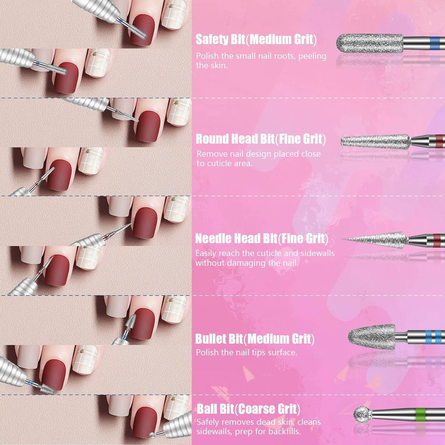 Nail Drill Bits Sets, 3/32 Inch Cuticle Electric Nail File and