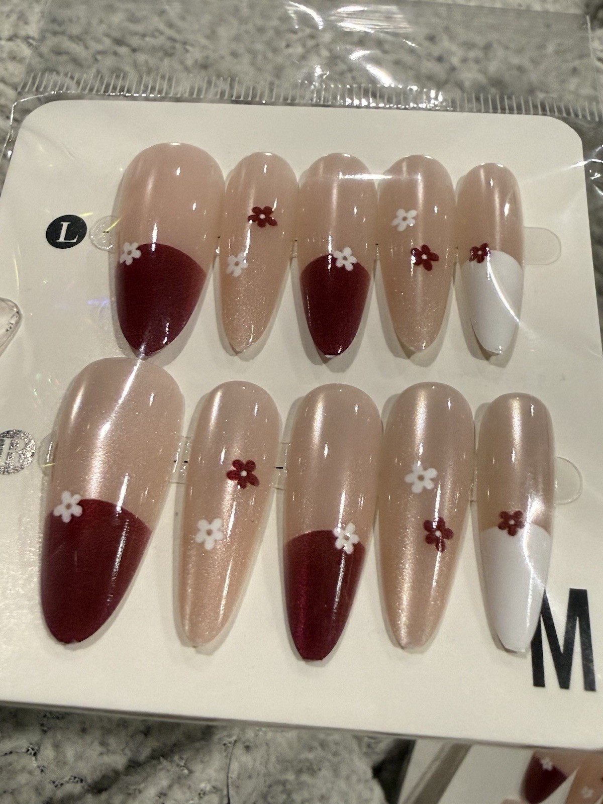 Medium Almond Press-On Floral Nails with Burgundy French Tips, Cat-Eye