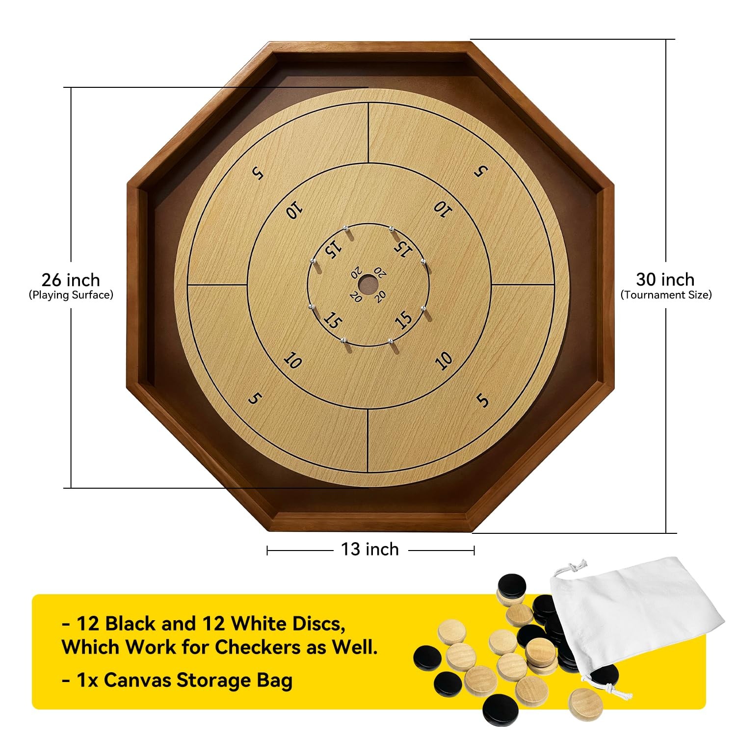 30 Inch Tournament Crokinole Board Game, 2 in 1 30 inches, Yellow