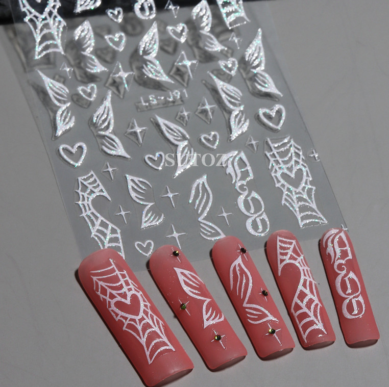 Pink White Glitter 3D Nail Stickers Flower Star Flame French Transfer Decals NH6