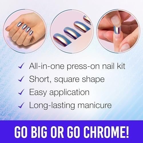ARDELL Nail Addict Press-On 28 Nails CHROME Short Oval MOON Iridescent Blue