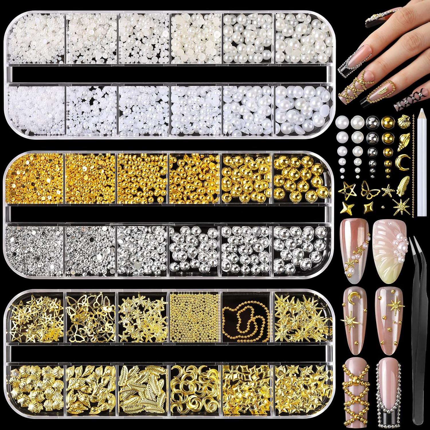 Gold Nail Gems, 3D Star Nail Charms, Flatback Pearls White Beige, Half round Sil