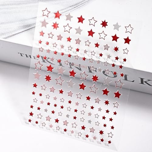 12 Sheets White Blue Red Star Nail Art Stickers 3D Self Blue White Red Star