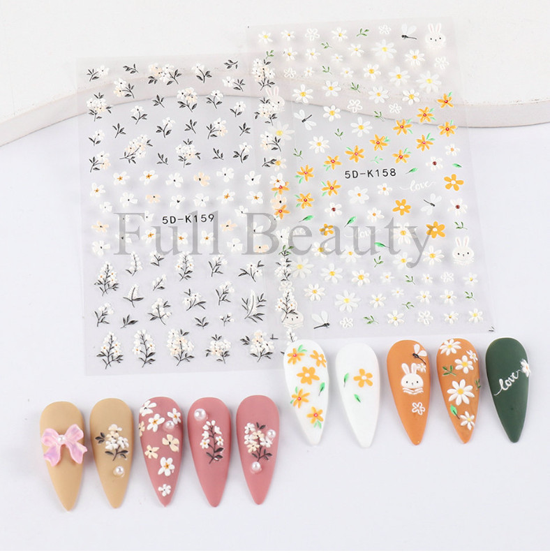 2 Sheets 5D Embossed Love Flower Bunny Daisy Fingers Toe Nail Art Stickers NS25