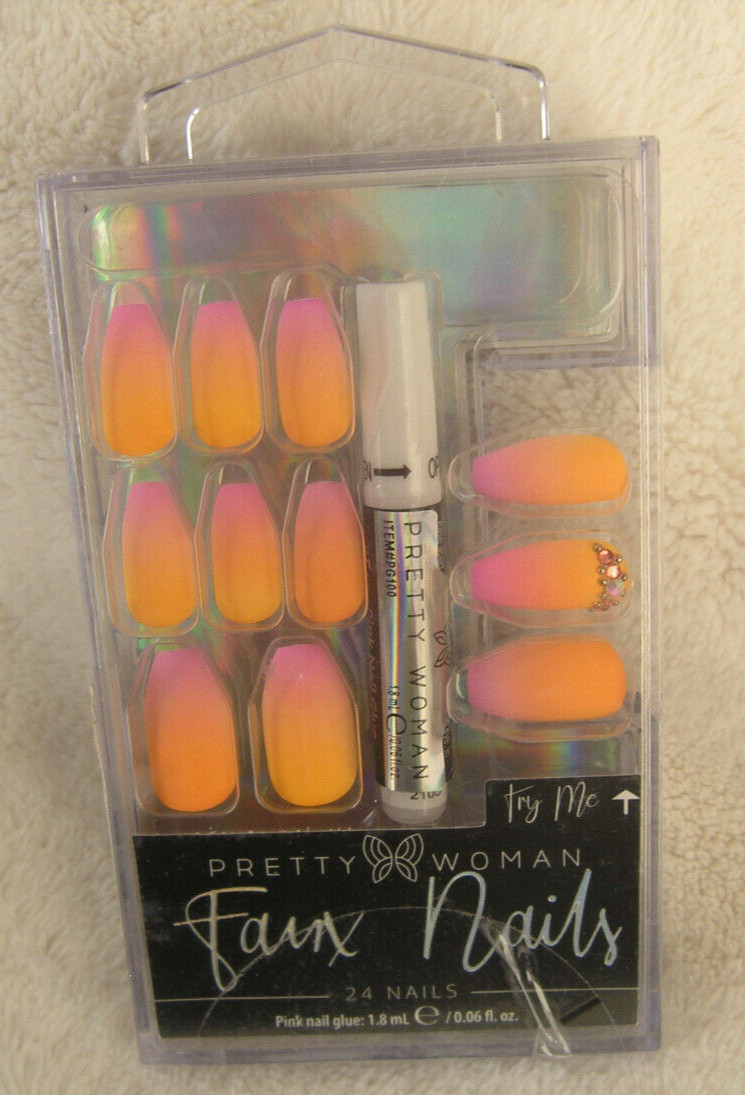 Pretty Woman 24 Faux Nails Ombre Orange design Glue Included Medium Coffin Shape