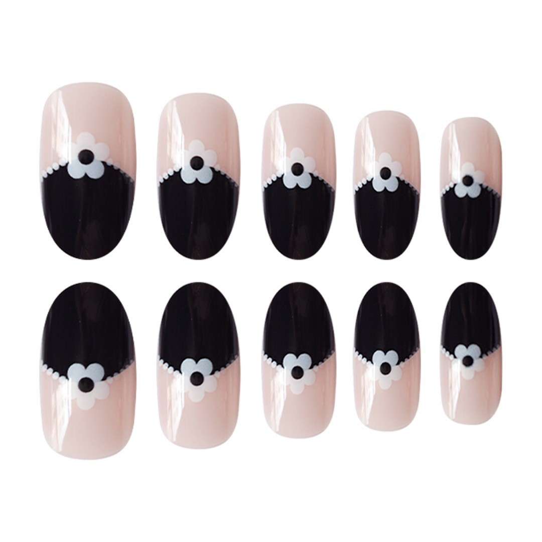 Black White Daisy Polka Dot French Retro INS Style Press On Nails Wholesale