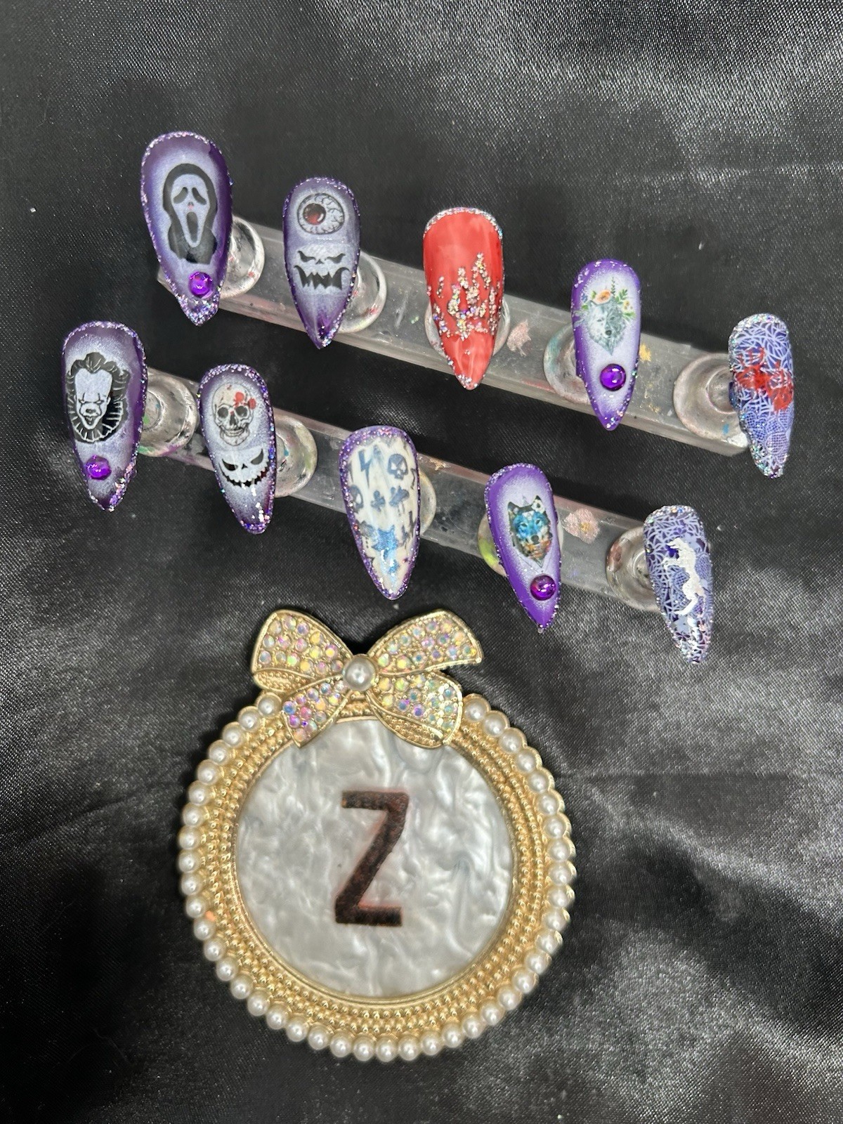 Z NAILZ! Handmade M Almond Purple Halloween With Stickers Press On Nails