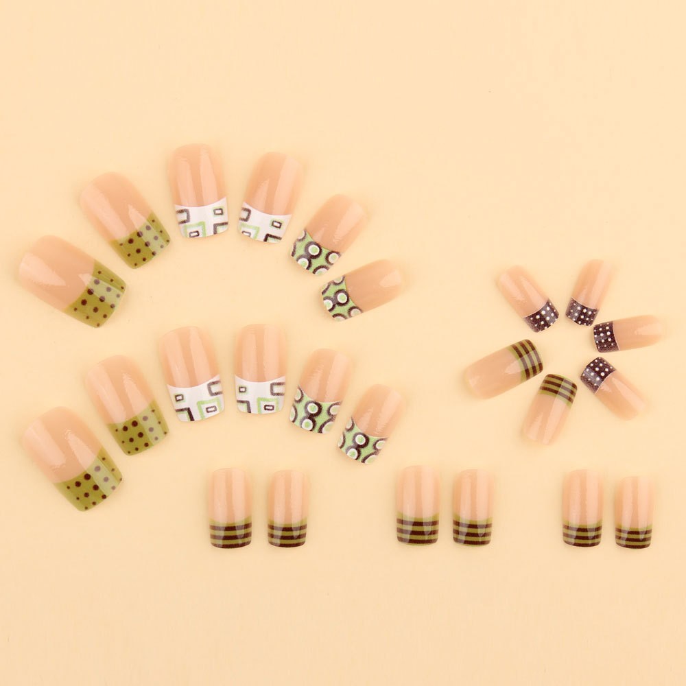 48P Short Square Press on Nails,Green Brown Retro Geometric Polka Dot Fake Nails
