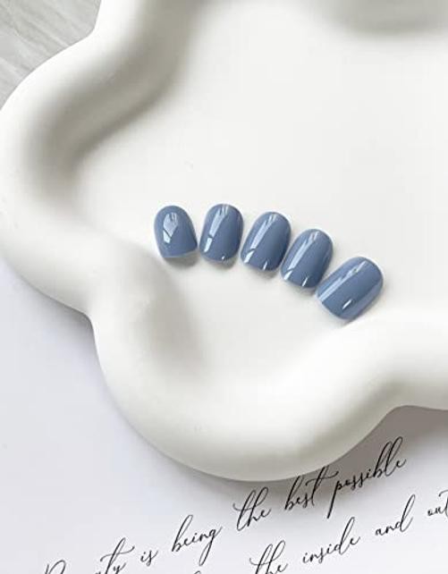 Square Blue Fake Nails – Full Cover with Glossy Gray-Blue Glossy