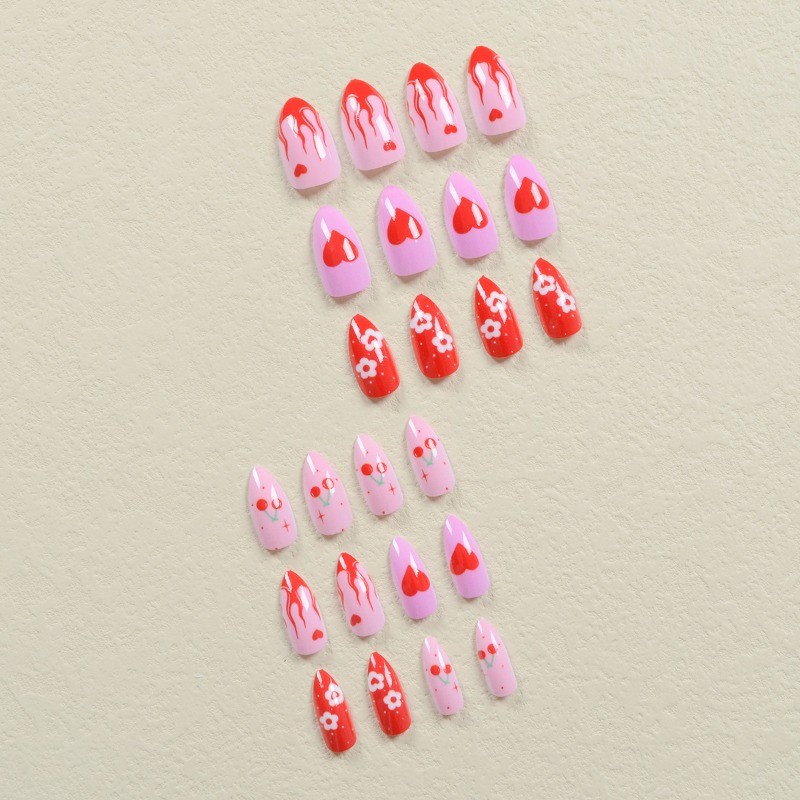 48 Cute Cherry Nails with Heart Shaped Flame Pattern Smooth Fake Nails