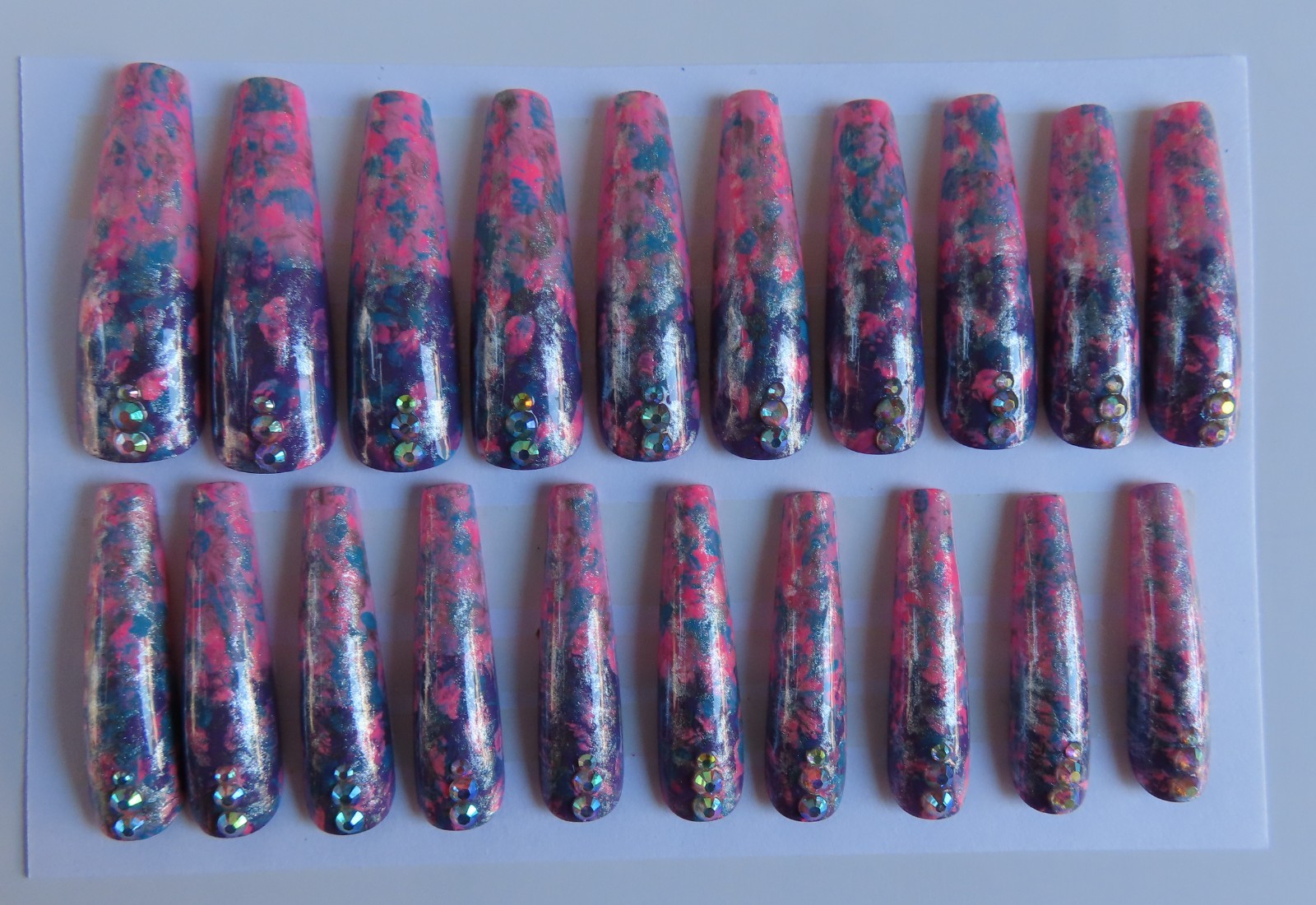 XL Pink Purple Blue Silver Metallic Rhinestone Splatter Coffin Press On Nails