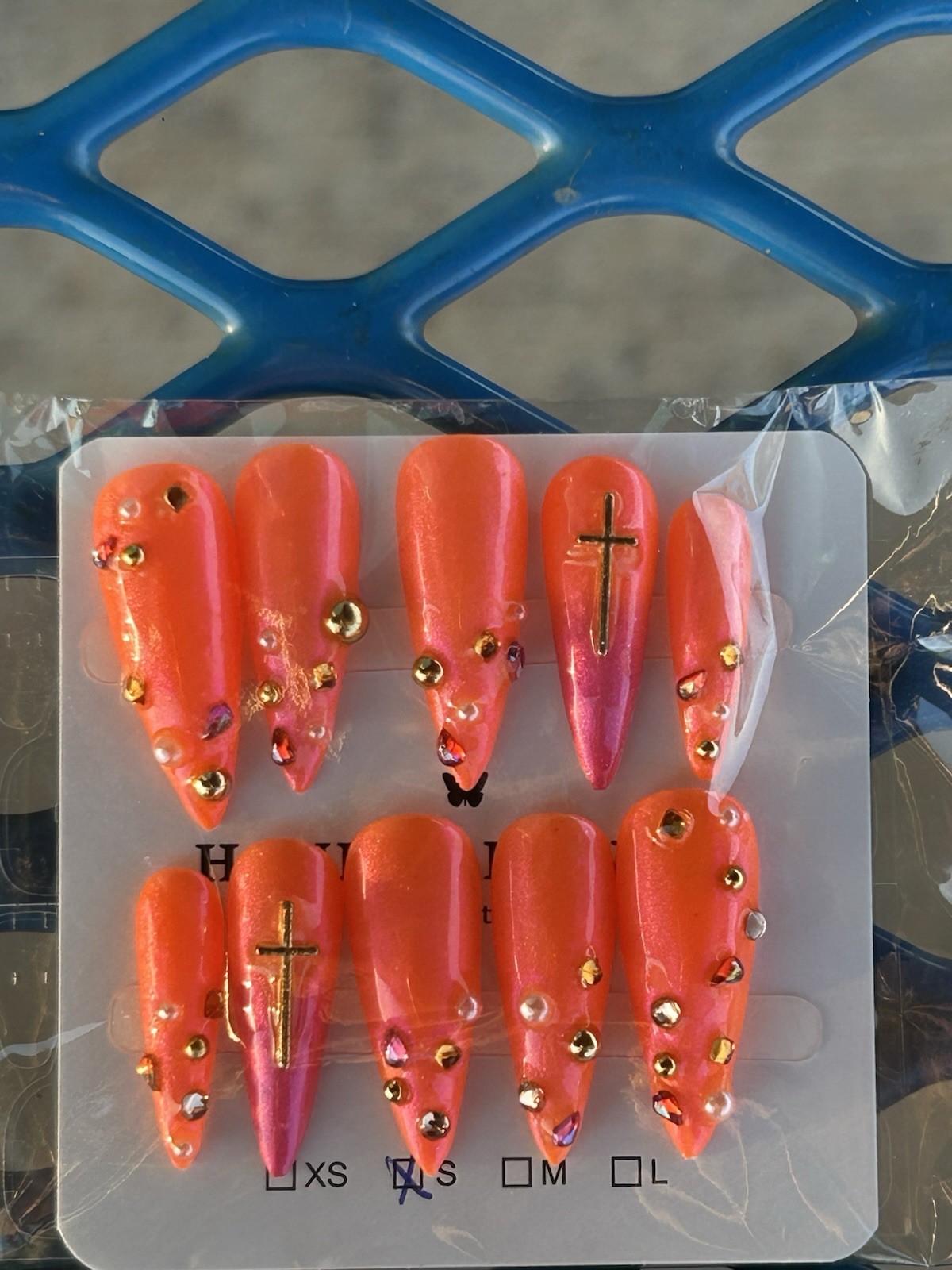 Handmade Ombré Orange/Pink Stiletto Press-On Nails Cross Gold Small