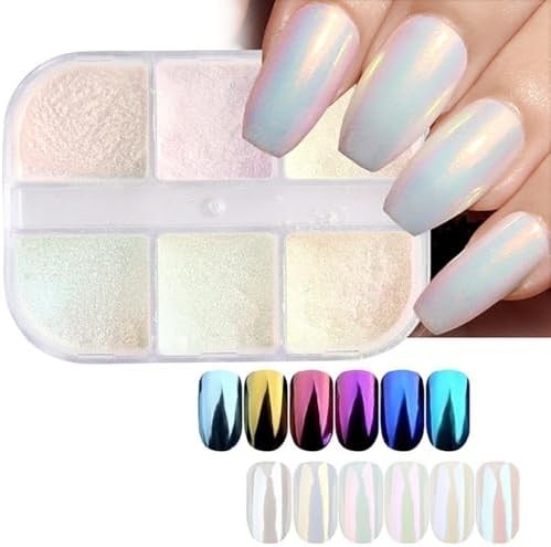 6 Colors Chrome Nail Powder Set, Mirror Effect Metallic Iridescent Mica Powder f
